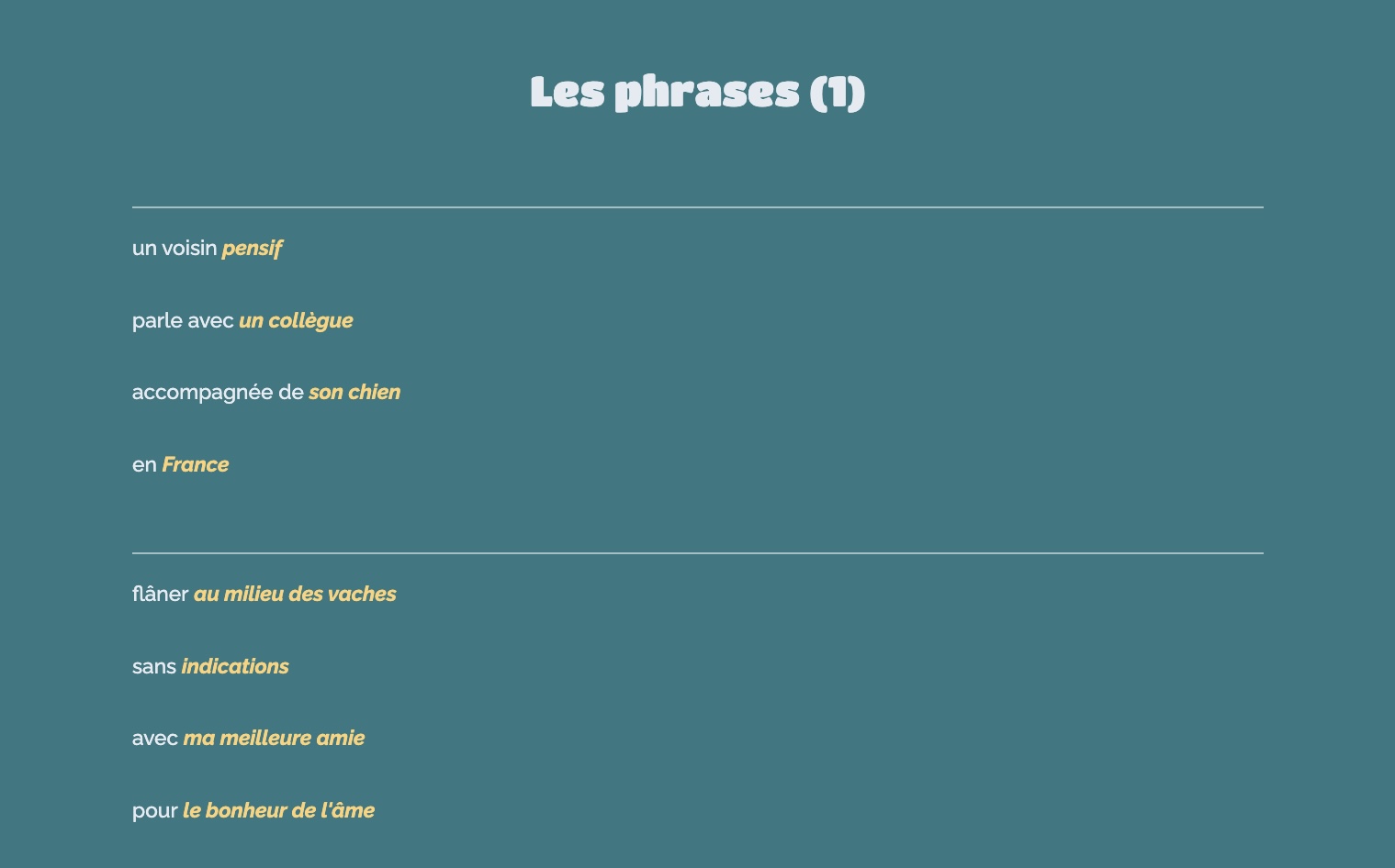 capture d'écran du premier exercice des phrases